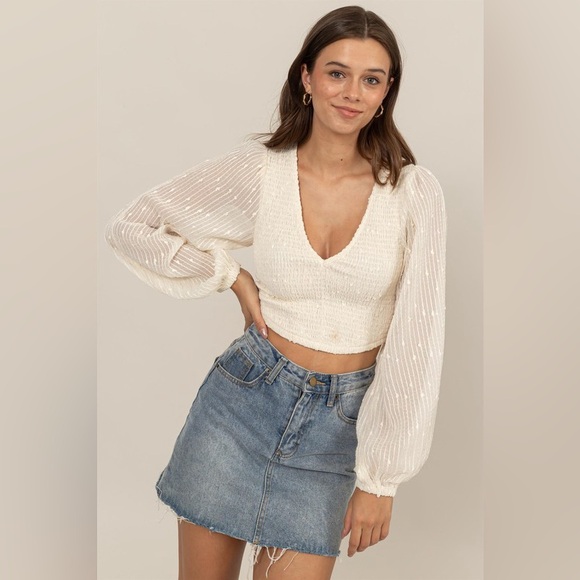 39B. Balloon Sleeve Smocked Sequin Crop Top - Cream - Picture 1 of 5